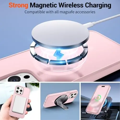 SUPFINE Magnetic for iPhone 15 Pro Max Case with Screen Protector (Compatible with MagSafe) (Military Grade Drop Protection) Translucent Matte Shockproof Phone Cover,Light Pink - 3