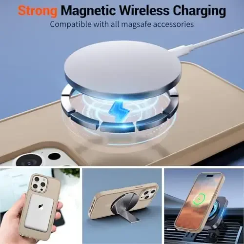 SUPFINE Magnetic for iPhone 15 Pro Max Case(MagSafe bilan mos keladi)(Harbiy darajadagi tushishdan himoya) Yupqa yarim shaffof mato zarbga chidamli barmoq izlariga qarshi telefon qutisi,Sahro oltini - 3