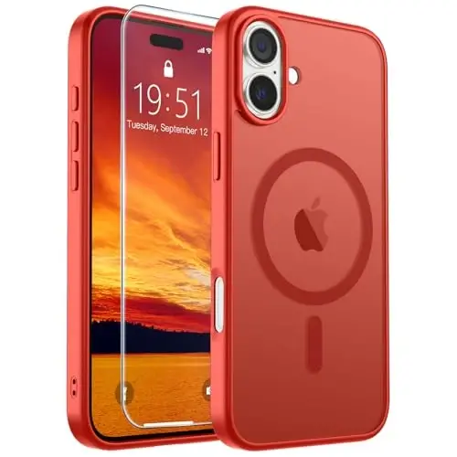 SUPFINE Magnetic for iPhone 16 Case (Compatible with MagSafe) (Military Grade Drop Protection) Slim Translucent Matte Shockproof Phone Cover,Red - 1