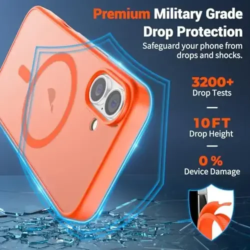 SUPFINE Magnetic for iPhone 16 Case (Compatible with MagSafe) (Military Grade Drop Protection) Slim Translucent Matte Shockproof with Anti-Fingerprint Phone Case,Orange - 3