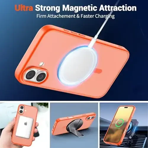 SUPFINE Magnetic for iPhone 16 Case (Compatible with MagSafe) (Military Grade Drop Protection) Slim Translucent Matte Shockproof with Anti-Fingerprint Phone Case,Orange - 5