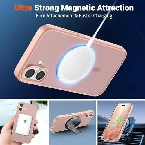 SUPFINE Magnetic for iPhone 16 Case (Compatible with MagSafe) (Military Grade Drop Protection) Slim Translucent Matte Shockproof with Anti-Fingerprint Phone Case,Pink - 5