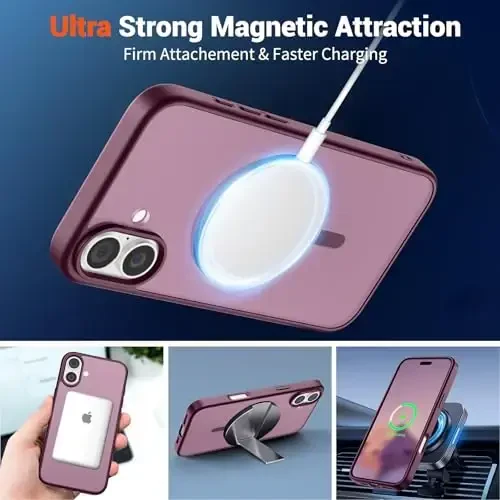 SUPFINE Magnetic for iPhone 16 Case (Compatible with MagSafe) (Military Grade Drop Protection) Slim Translucent Matte Shockproof with Anti-Fingerprint Phone Case,Wine Red - 5