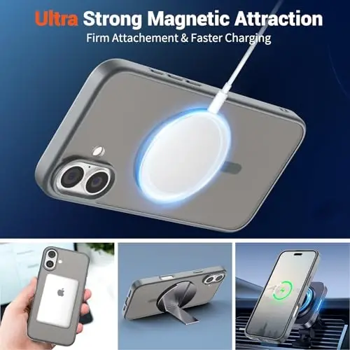SUPFINE Magnetic for iPhone 16 Case (Compatible with MagSafe) (Military Grade Drop Protection) Translucent Matte Shockproof Phone Cover,Gray - 5