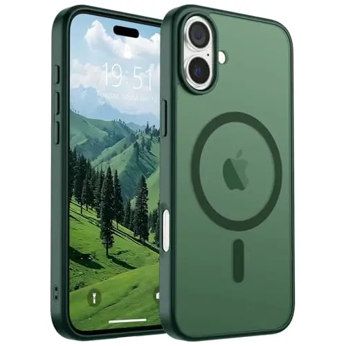 SUPFINE Magnetic for iPhone 16 Case (MagSafe bilan mos) (Harbiy darajadagi tushishdan himoya) Yassi shaffof matli zarbga chidamli, barmoq izlariga qarshi telefon qutisi, o'rmon yashil - 1