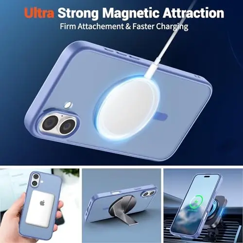 SUPFINE Magnetic for iPhone 16 Case (MagSafe bilan mos) (Harbiy darajadagi tushishdan himoya) Yupqa shaffof mat zarba o'tkazmaydigan telefon qopqog'i, ko'k binafsha - 4