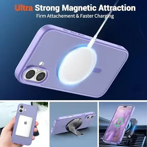 SUPFINE Magnetic for iPhone 16 Case (MagSafe bilan mos) (Harbiy darajadagi tushishdan himoya) Yupqa shaffof mat zarbga chidamli barmoq izlariga qarshi telefon qutisi, Binafsha - 5