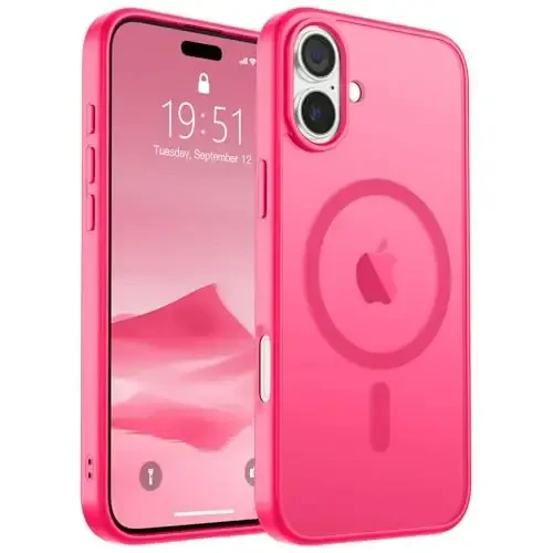 SUPFINE Magnetic for iPhone 16 Case (MagSafe bilan mos) (Harbiy darajadagi tushishdan himoya) Yupqa shaffof mato zarbga chidamli barmoq izlariga qarshi telefon qutisi, Hot Pink 