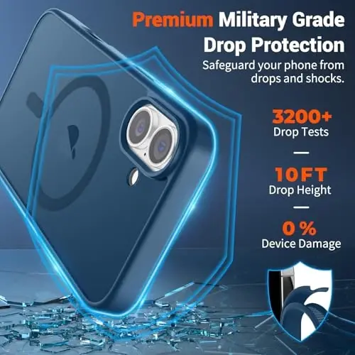 SUPFINE Magnetic for iPhone 16 Case (MagSafe bilan mos) (Harbiy darajadagi tushishdan himoya) Yupqa yarim shaffof mat Shokga chidamli barmoq izlariga qarshi telefon qutisi, to'q ko'k - 2