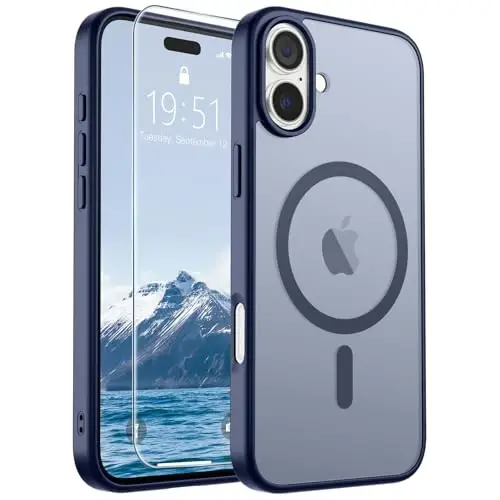SUPFINE Magnetic for iPhone 16 Case (MagSafe bilan mos) (Harbiy darajadagi tushishdan himoya) Yupqa yarim shaffof mat zarba o'tkazmaydigan barmoq izlariga qarshi telefon qutisi, to'q ko'k - 1