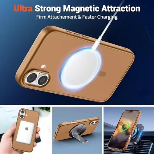 SUPFINE Magnetic for iPhone 16 Case (MagSafe bilan mos keladi) (Harbiy darajadagi tushishdan himoya) Yupqa yarim shaffof mato zarbga chidamli, barmoq izlariga qarshi telefon g'ilofi, jigarrang - 5
