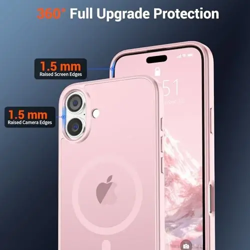 SUPFINE Magnetic for iPhone 16 Case with Screen Protector (Compatible with MagSafe) (Military Grade Drop Protection) Translucent Matte Shockproof Phone Cover,Light Pink - 4