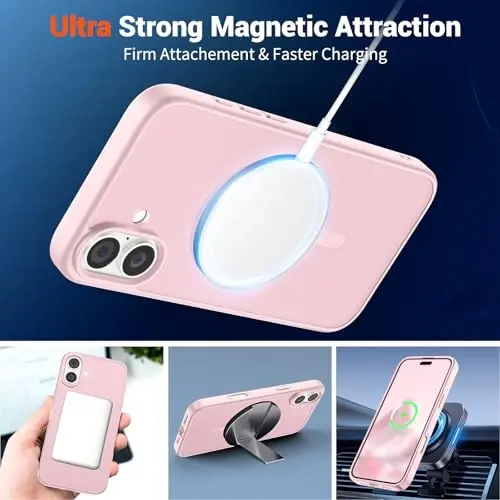 SUPFINE Magnetic for iPhone 16 Case with Screen Protector (Compatible with MagSafe) (Military Grade Drop Protection) Translucent Matte Shockproof Phone Cover,Light Pink - 5