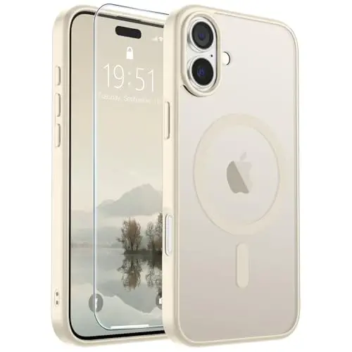 SUPFINE Magnetic for iPhone 16 Case with Screen Protector (Compatible with MagSafe) (Military Grade Drop Protection) Translucent Matte Shockproof with Anti-Fingerprint Phone Cover,Antique White 