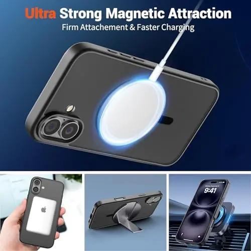 SUPFINE Magnetic for iPhone 16 Plus Case (MagSafe bilan mos) (Harbiy darajadagi tushishdan himoya) Translusent mat zarbga chidamli barmoq izlariga qarshi telefon qopqog'i, qora - 5