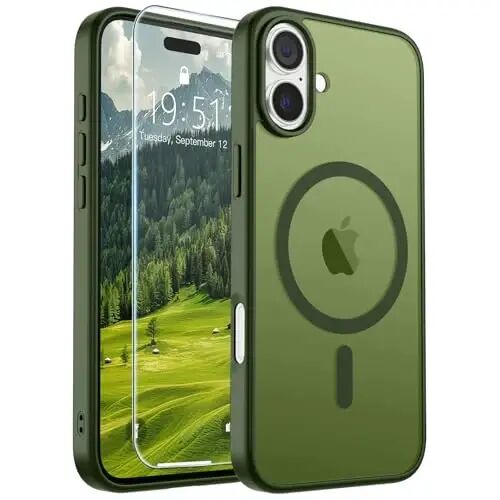 SUPFINE Magnetic for iPhone 16 Plus Case (MagSafe bilan mos) (Harbiy darajadagi tushishdan himoya) Yupqa shaffof mat zarbga chidamli barmoq izlariga qarshi telefon g'ilofi, Cangling Green 