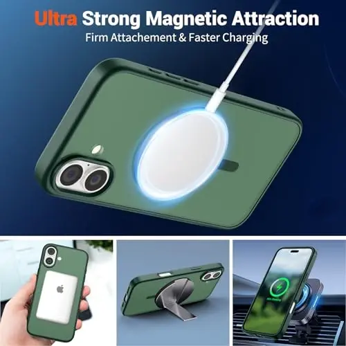 SUPFINE Magnetic for iPhone 16 Plus Case (MagSafe bilan mos) (Harbiy darajadagi tushishdan himoya) Yupqa yarim shaffof mat zarbga chidamli barmoq izlariga qarshi telefon qutisi, O'rmon yashili - 4