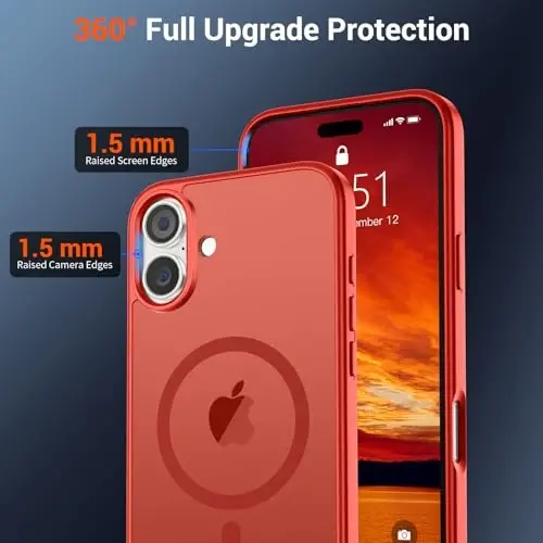 SUPFINE Magnetic for iPhone 16 Plus Case (MagSafe bilan mos) (Harbiy darajadagi tushishdan himoya) Yupqa yarim shaffof mato zarbga chidamli, barmoq izlariga qarshi telefon g‘ilofi, qizil - 3