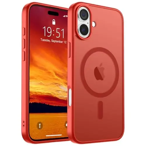 SUPFINE Magnetic for iPhone 16 Plus Case (MagSafe bilan mos) (Harbiy darajadagi tushishdan himoya) Yupqa yarim shaffof mato zarbga chidamli, barmoq izlariga qarshi telefon g‘ilofi, qizil 