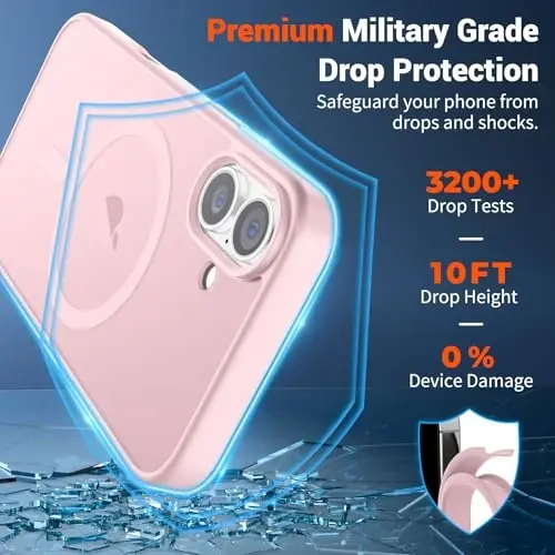 SUPFINE Magnetic for iPhone 16 Plus Case with Screen Protector (Compatible with MagSafe) (Military Grade Drop Protection) Translucent Matte Shockproof Phone Cover,Light Pink - 3