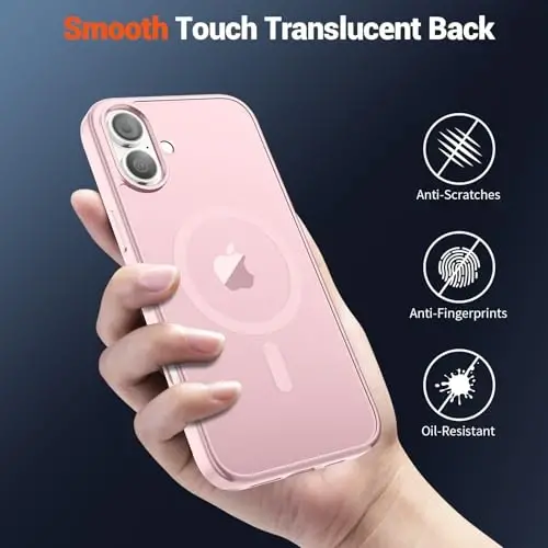 SUPFINE Magnetic for iPhone 16 Plus Case with Screen Protector (Compatible with MagSafe) (Military Grade Drop Protection) Translucent Matte Shockproof Phone Cover,Light Pink - 6