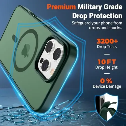 SUPFINE Magnetic for iPhone 16 Pro Case (Compatible with MagSafe) (Military Grade Drop Protection) Slim Translucent Matte Shockproof with Anti-Fingerprint Phone Case,Forest Green - 3