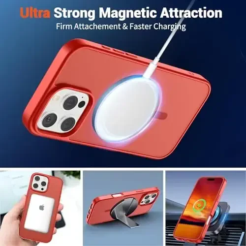 SUPFINE Magnetic for iPhone 16 Pro Case (MagSafe bilan mos) (Harbiy darajadagi tushishdan himoya) Yupqa shaffof mato, barmoq izlariga qarshi telefon qutisi, qizil - 5