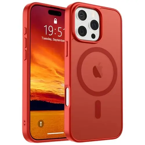 SUPFINE Magnetic for iPhone 16 Pro Case (MagSafe bilan mos) (Harbiy darajadagi tushishdan himoya) Yupqa shaffof mato, barmoq izlariga qarshi telefon qutisi, qizil 