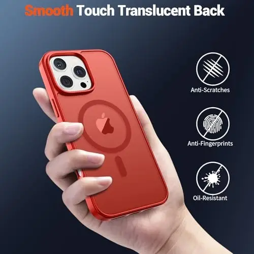 SUPFINE Magnetic for iPhone 16 Pro Case (MagSafe bilan mos) (Harbiy darajadagi tushishdan himoya) Yupqa shaffof mato, barmoq izlariga qarshi telefon qutisi, qizil - 6