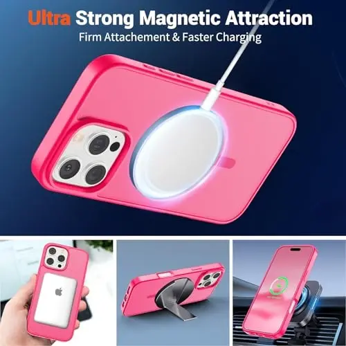 SUPFINE Magnetic for iPhone 16 Pro Case (MagSafe bilan mos) (Harbiy darajadagi tushishdan himoya) Yupqa yarim shaffof mat, barmoq izlariga qarshi telefon g'ilofi, Hot Pink - 5