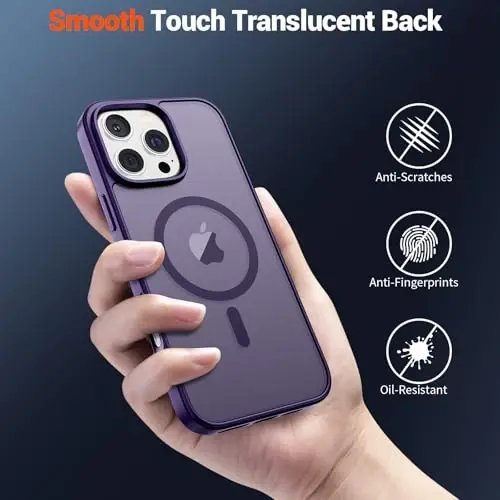 SUPFINE Magnetic for iPhone 16 Pro Case (MagSafe bilan mos) (Harbiy darajadagi tushishdan himoya) Yupqa yarim shaffof mato zarbga chidamli barmoq izlariga qarshi telefon g‘ilofi, to‘q binafsha - 6