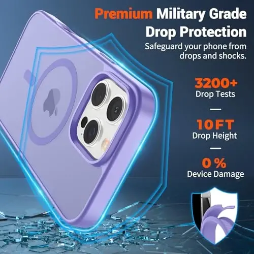 SUPFINE Magnetic for iPhone 16 Pro Case (MagSafe bilan mos) (Harbiy darajadagi tushishdan himoya) Yupqa yarim shaffof mato zarbga chidamli, barmoq izlariga qarshi telefon qutisi, binafsha - 3