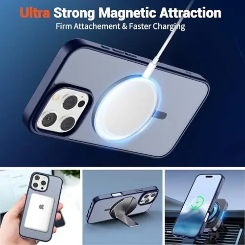 SUPFINE Magnetic for iPhone 16 Pro Case (MagSafe bilan mos) (Harbiy darajadagi tushishdan himoya) Yupqa yarim shaffof mato zarbga chidamli, barmoq izlariga qarshi telefon qutisi, to'q ko'k - 5