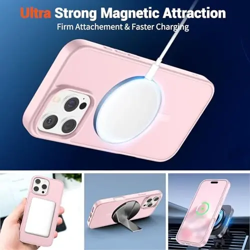 SUPFINE Magnetic for iPhone 16 Pro Case with Screen Protector (Compatible with MagSafe) (Military Grade Drop Protection) Translucent Matte Shockproof Phone Cover,Light Pink - 5