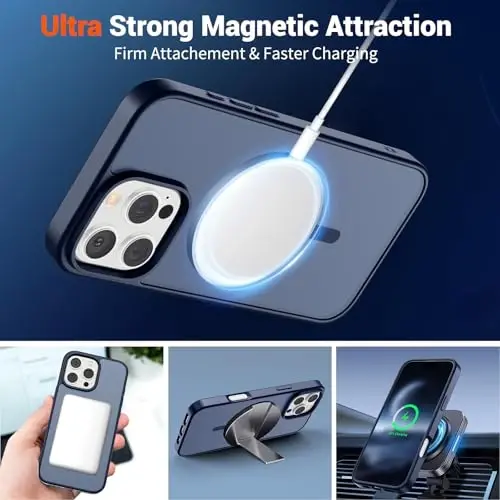 SUPFINE Magnetic for iPhone 16 Pro Case with Screen Protector (MagSafe bilan mos) (Harbiy darajadagi tushib ketishdan himoya) Yarim shaffof mat zarbga chidamli telefon g'ilofi, To'q ko'k - 5