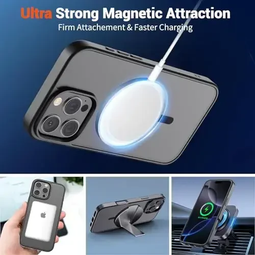 SUPFINE Magnetic for iPhone 16 Pro Max Case (MagSafe bilan mos) (Harbiy darajadagi tushishdan himoya) Yarim shaffof mat zarbaga chidamli telefon qopqog'i, qora - 5