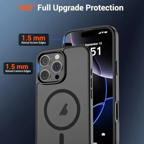 SUPFINE Magnetic for iPhone 16 Pro Max Case (MagSafe bilan mos) (Harbiy darajadagi tushishdan himoya) Yarim shaffof mat zarbaga chidamli telefon qopqog'i, qora - 4