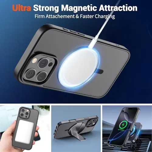 SUPFINE Magnetic for iPhone 16 Pro Max Case (MagSafe bilan mos) (Harbiy darajadagi tushishdan himoya) Yarim shaffof mat zarbaga chidamli telefon qopqog'i, qora - 5