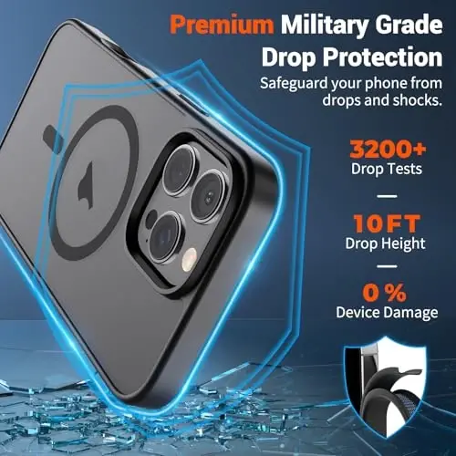SUPFINE Magnetic for iPhone 16 Pro Max Case (MagSafe bilan mos) (Harbiy darajadagi tushishdan himoya) Yarim shaffof mat zarbaga chidamli telefon qopqog'i, qora - 3