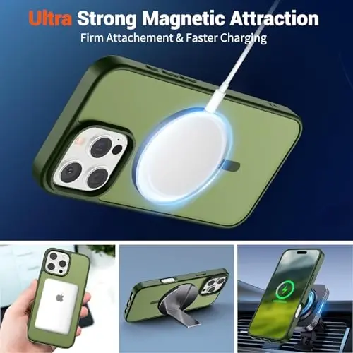 SUPFINE Magnetic for iPhone 16 Pro Max Case (MagSafe bilan mos) (Harbiy darajadagi tushishdan himoya) Yengil o'tkazuvchan matli zarbga chidamli barmoq izlariga qarshi telefon qutisi, Cangling Green - 5