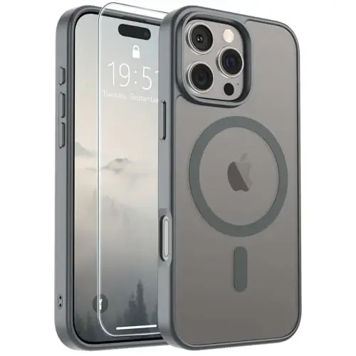 SUPFINE Magnetic for iPhone 16 Pro Max Case (MagSafe bilan mos) (Harbiy darajadagi tushishdan himoya) Yupqa shaffof mato zarbga chidamli barmoq izlariga qarshi telefon qutisi, kulrang - 1