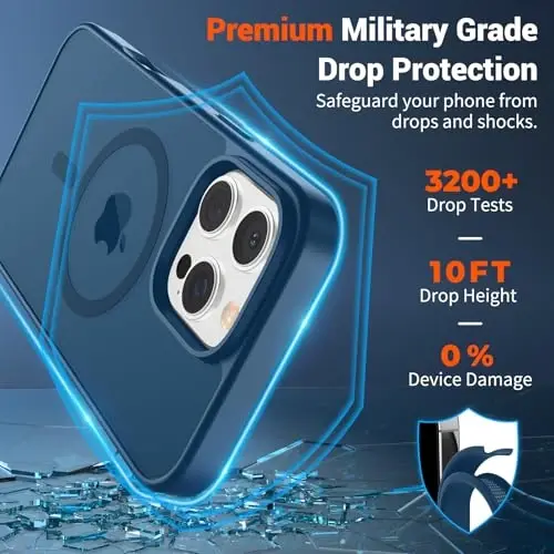 SUPFINE Magnetic for iPhone 16 Pro Max Case (MagSafe bilan mos) (Harbiy darajadagi tushishdan himoya) Yupqa yarim shaffof mato zarbga chidamli, barmoq izlariga qarshi telefon g'ilofi, to'q ko'k - 3