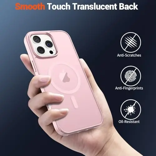 SUPFINE Magnetic for iPhone 16 Pro Max Case with Screen Protector (Compatible with MagSafe) (Military Grade Drop Protection) Translucent Matte Shockproof Phone Cover,Light Pink - 6
