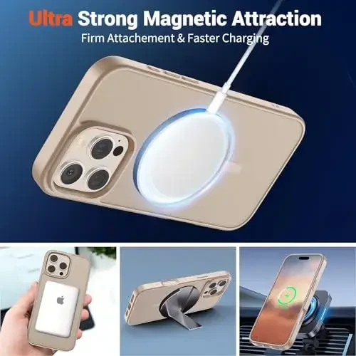 SUPFINE Magnetic for iPhone 16 Pro Max Case(MagSafe bilan mos)(Harbiy darajadagi tushishdan himoya) Yupqa shaffof mat zarbga chidamli barmoq izlariga qarshi telefon qutisi,Sahroi Oltin - 5