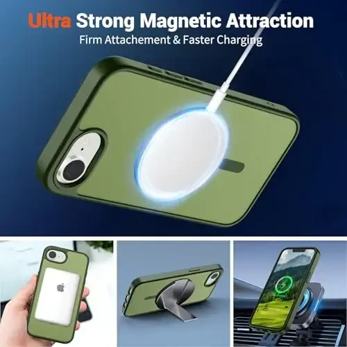 SUPFINE Magnetic for iPhone 16e Case 2025 (MagSafe bilan mos) (Harbiy darajadagi tushishdan himoya) Yupqa yarim shaffof mato zarbga chidamli barmoq izlariga qarshi telefon qutisi, Canglin Yashil - 5