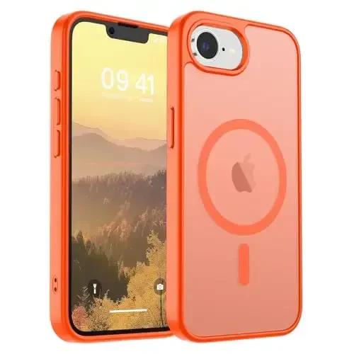 SUPFINE Magnetic for iPhone 16e Case 2025 (MagSafe bilan mos keladi) (Harbiy darajadagi tushishdan himoya) Yupqa yarim shaffof mato zarbga chidamli, barmoq izlariga qarshi telefon gʻilofi, apelsin 