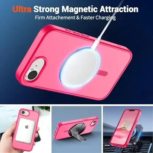 SUPFINE Magnetic for iPhone 16e Case 2025 (MagSafe bilan mos keladi) (Harbiy darajadagi tushishdan himoya) Yupqa yarim shaffof mato zarbga chidamli barmoq izlariga qarshi telefon qutisi, To'q pushti - 5