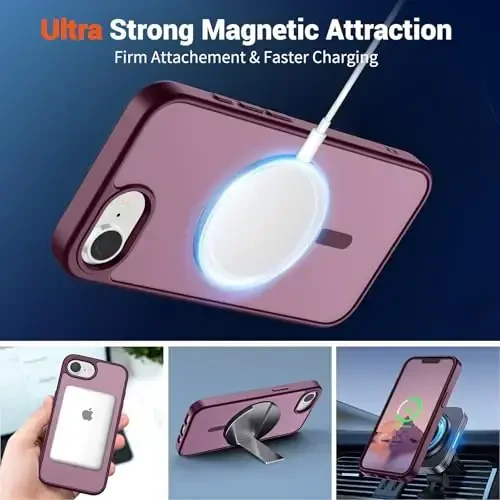 SUPFINE Magnetic for iPhone 16e Case 2025 (MagSafe bilan mos keladi)(Harbiy darajadagi tushishdan himoya) Yupqa shaffof mat zarbga chidamli barmoq izlariga qarshi telefon qutisi, Vin qizil - 5
