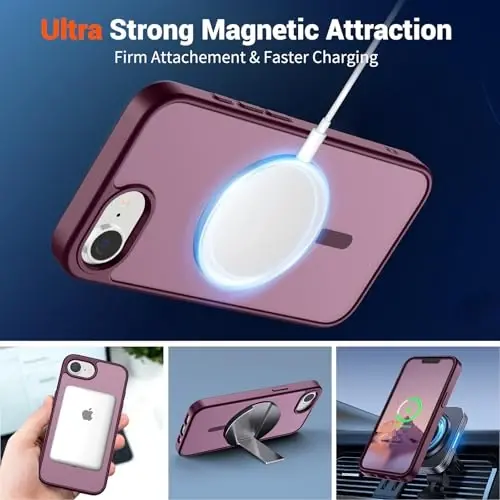 SUPFINE Magnetic for iPhone 16e Case 2025 (MagSafe bilan mos keladi)(Harbiy darajadagi tushishdan himoya) Yupqa shaffof mat zarbga chidamli barmoq izlariga qarshi telefon qutisi, Vin qizil - 4