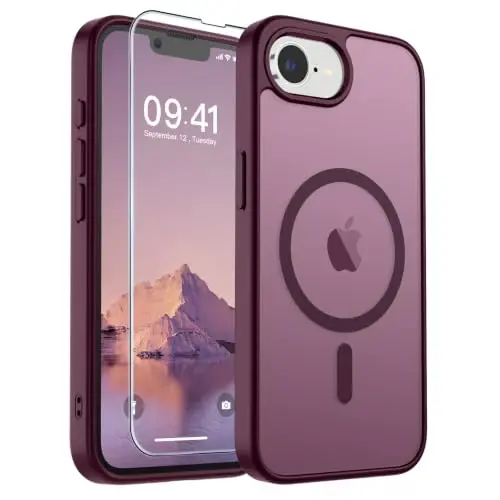 SUPFINE Magnetic for iPhone 16e Case 2025 (MagSafe bilan mos keladi)(Harbiy darajadagi tushishdan himoya) Yupqa shaffof mat zarbga chidamli barmoq izlariga qarshi telefon qutisi, Vin qizil - 1